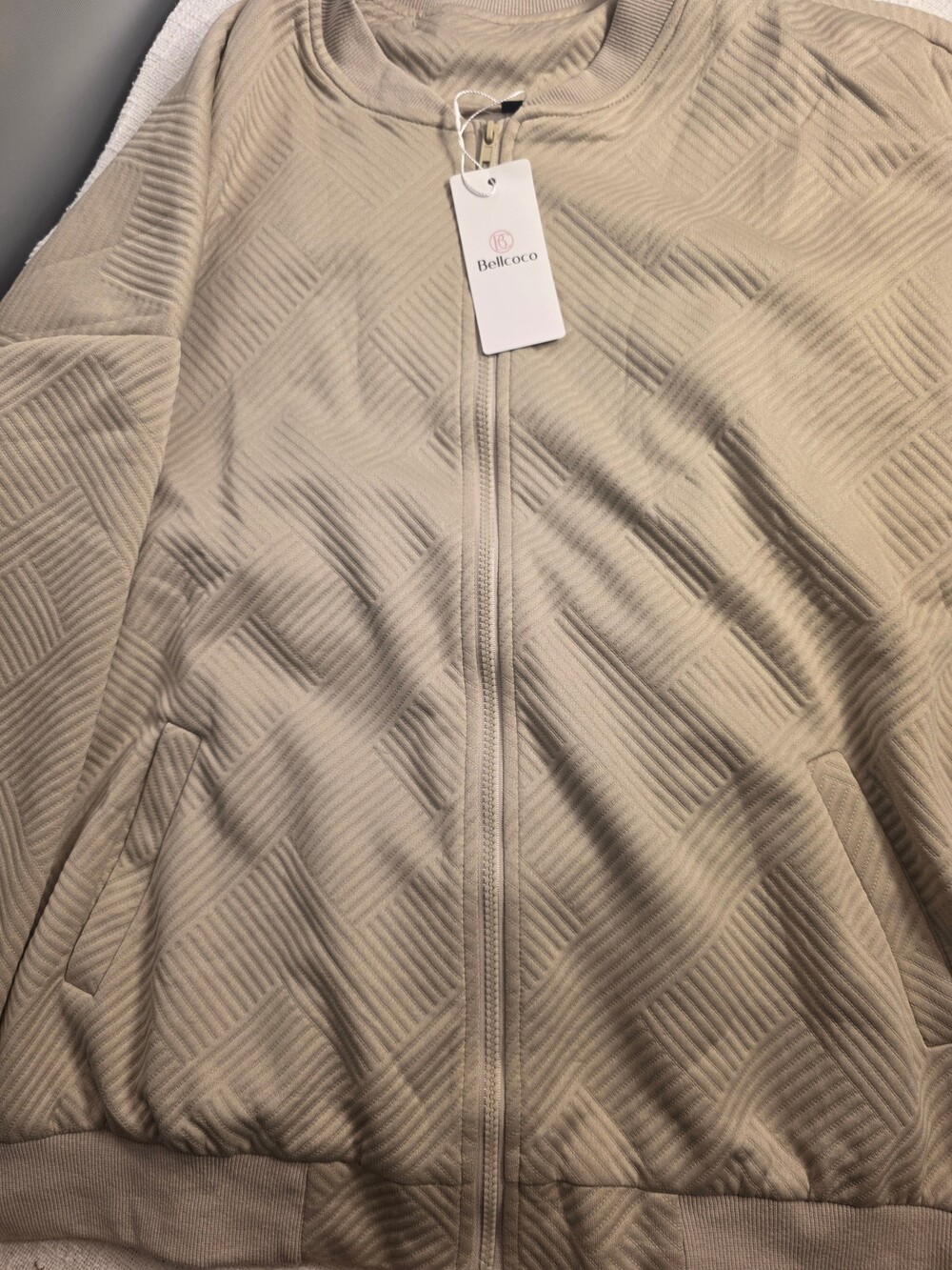 Bellcoco NWT 2XL Beige Zip-Up Jacket Textured Geometric Pattern